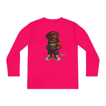 Kids Long Sleeve Tee — Brown Puppy Wearing 'Legacy' Hoodie Graphic