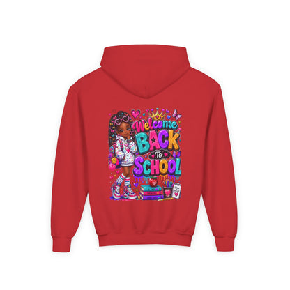 Welcome Back to School Youth Hoodie — Colorful Girl Backpack Design