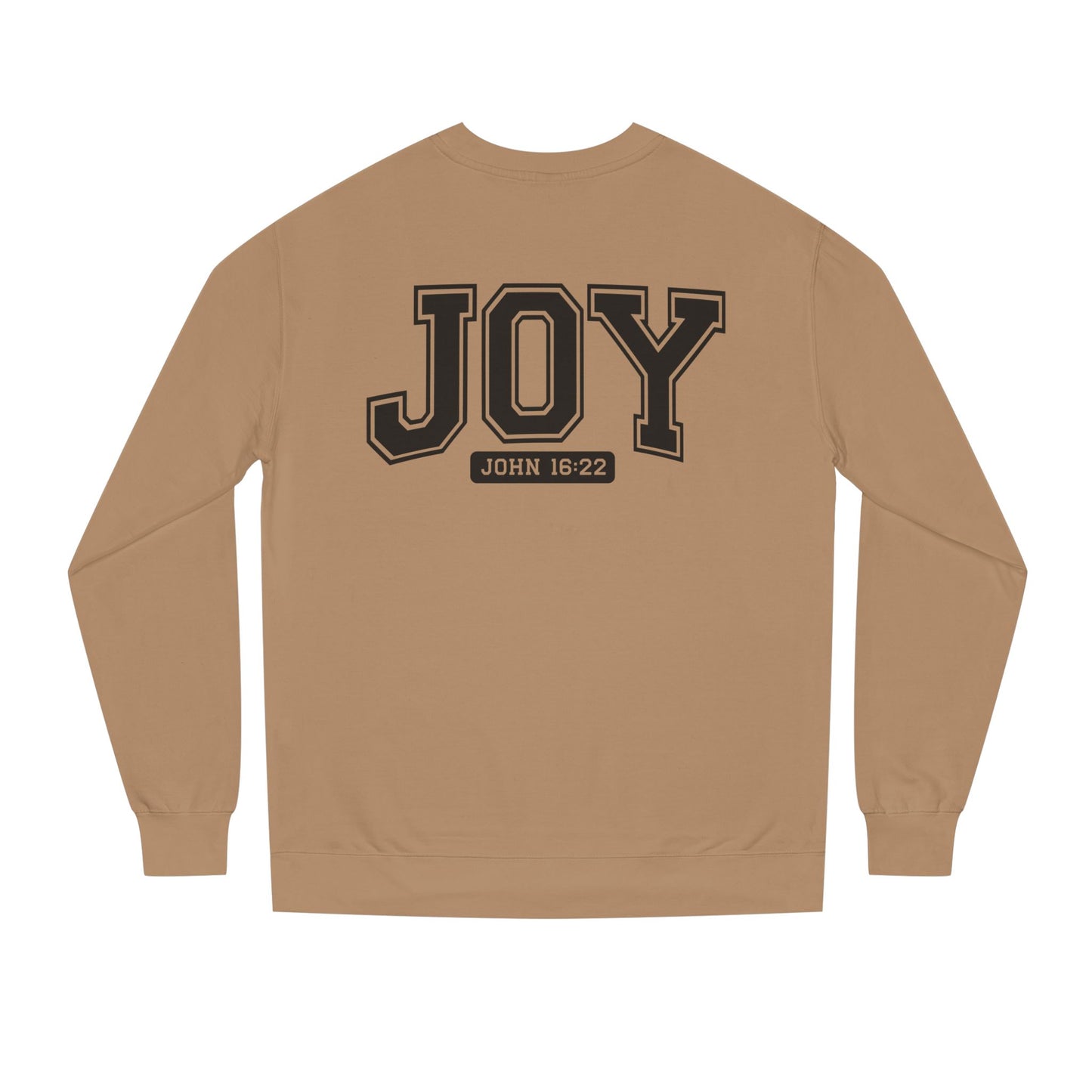 JOY Crewneck Sweatshirt — Bold Collegiate Faith Design (John 16:22)