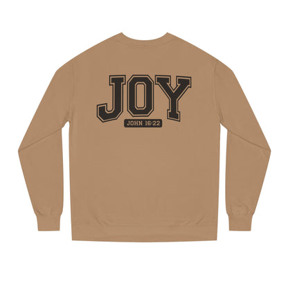 JOY Crewneck Sweatshirt — Bold Collegiate Faith Design (John 16:22)