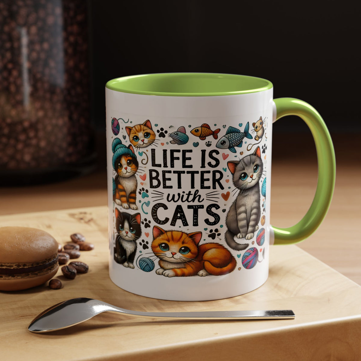 Life Is Better With Cats Accent Coffee Mug – Cute Kitten Ceramic Tea Cup (11/15oz)