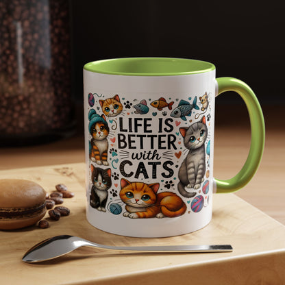 Life Is Better With Cats Accent Coffee Mug – Cute Kitten Ceramic Tea Cup (11/15oz)