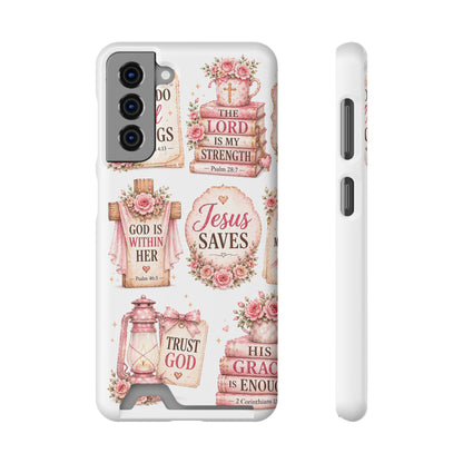 Christian Floral Phone Case with Card Holder — 'Jesus Saves' Inspirational Design