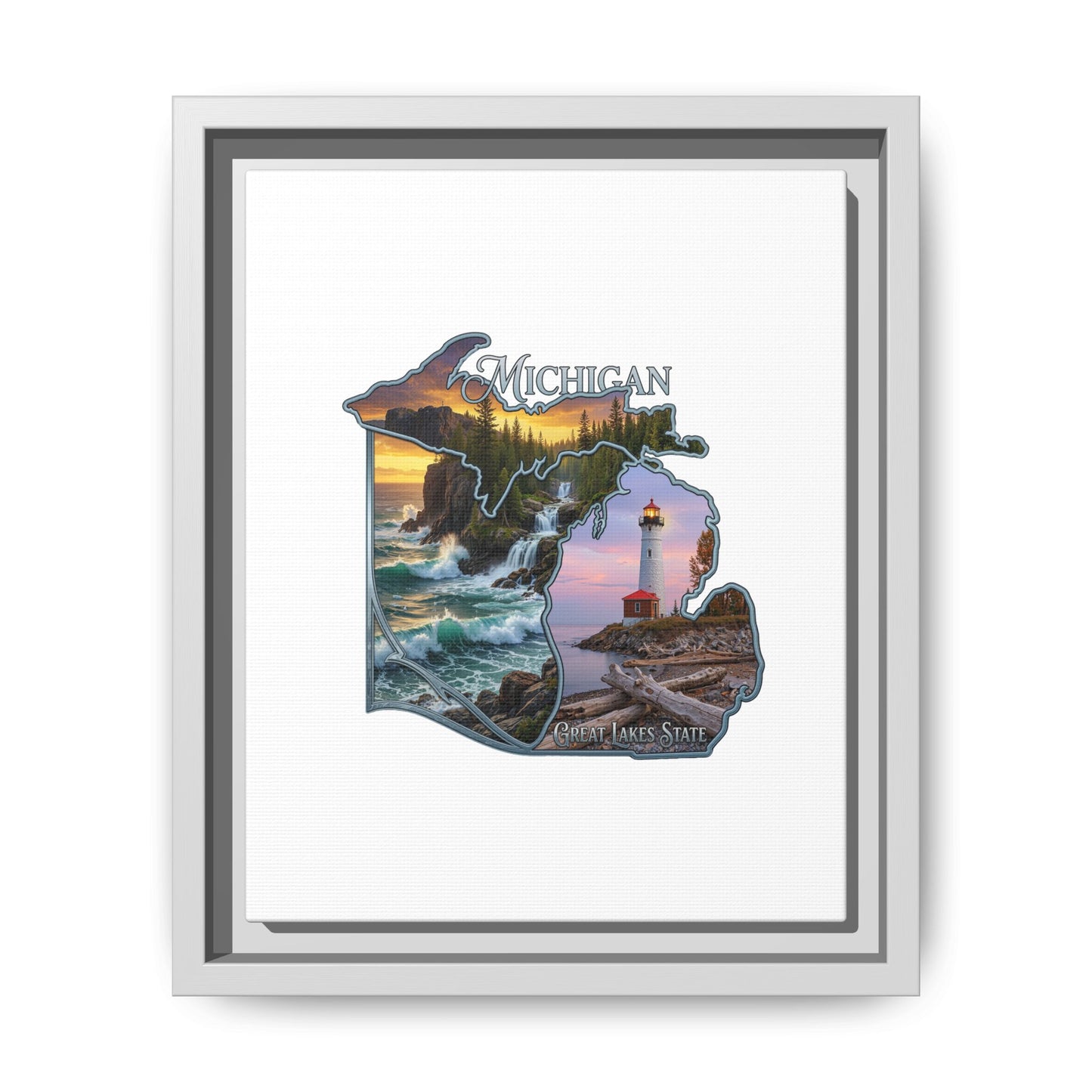 Michigan Framed Canvas Wall Art — Great Lakes State Lighthouse & Shoreline Print