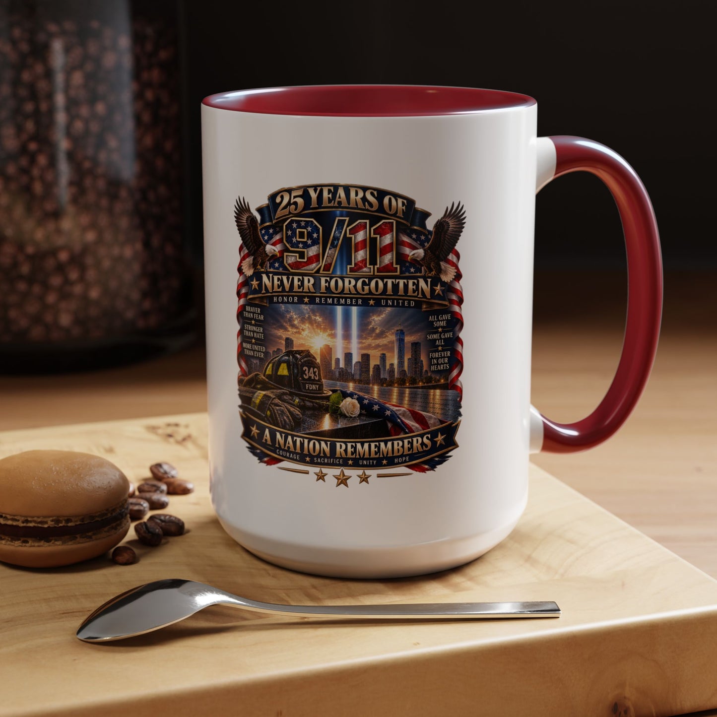 9/11 Memorial Coffee Mug — "25 Years of Never Forgotten" Patriot Tribute