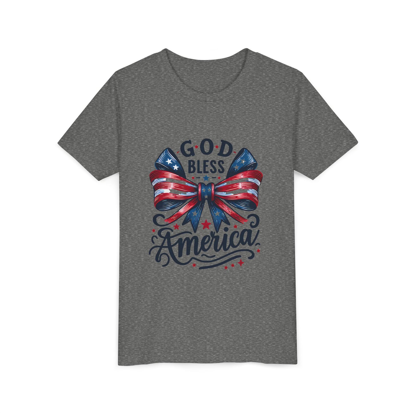 Youth Tee — "God Bless America" Patriotic Bow T-Shirt (4th of July, Memorial Day)