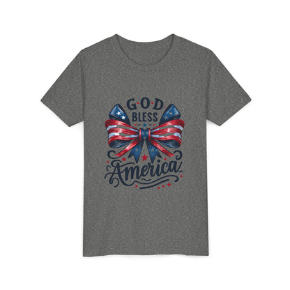 Youth Tee — "God Bless America" Patriotic Bow T-Shirt (4th of July, Memorial Day)