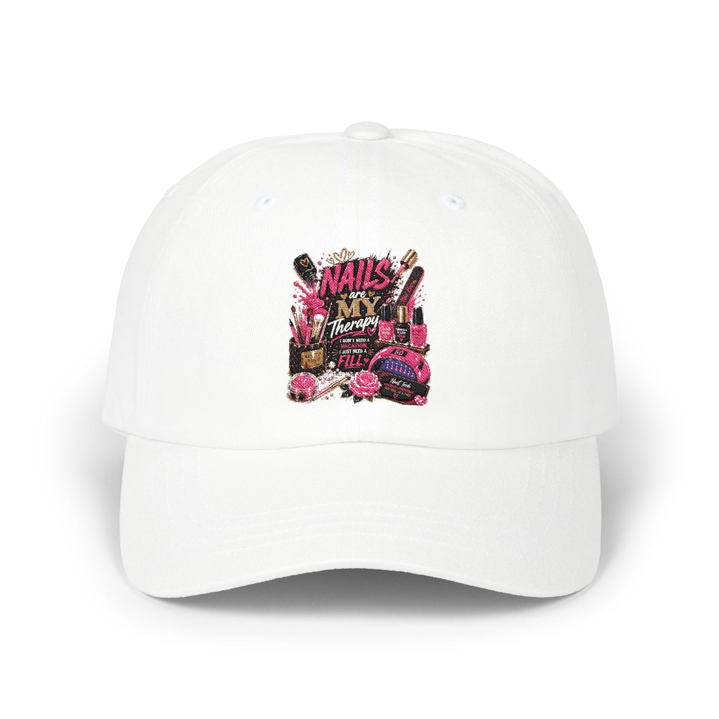 Baseball Cap — 'Nails, Bangs, & Beauty' Pink Cosmetics Embroidered Dad Hat