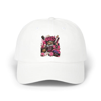 Baseball Cap — 'Nails, Bangs, & Beauty' Pink Cosmetics Embroidered Dad Hat