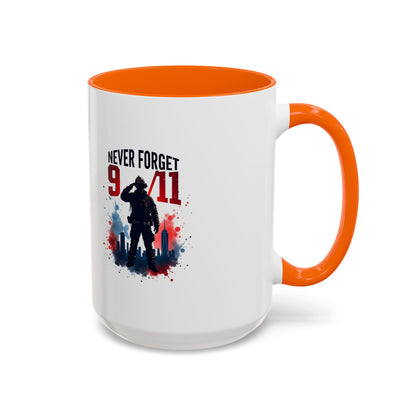 Never Forget 9/11 Accent Coffee Mug — Patriotic Memorial Tribute (11oz, 15oz)