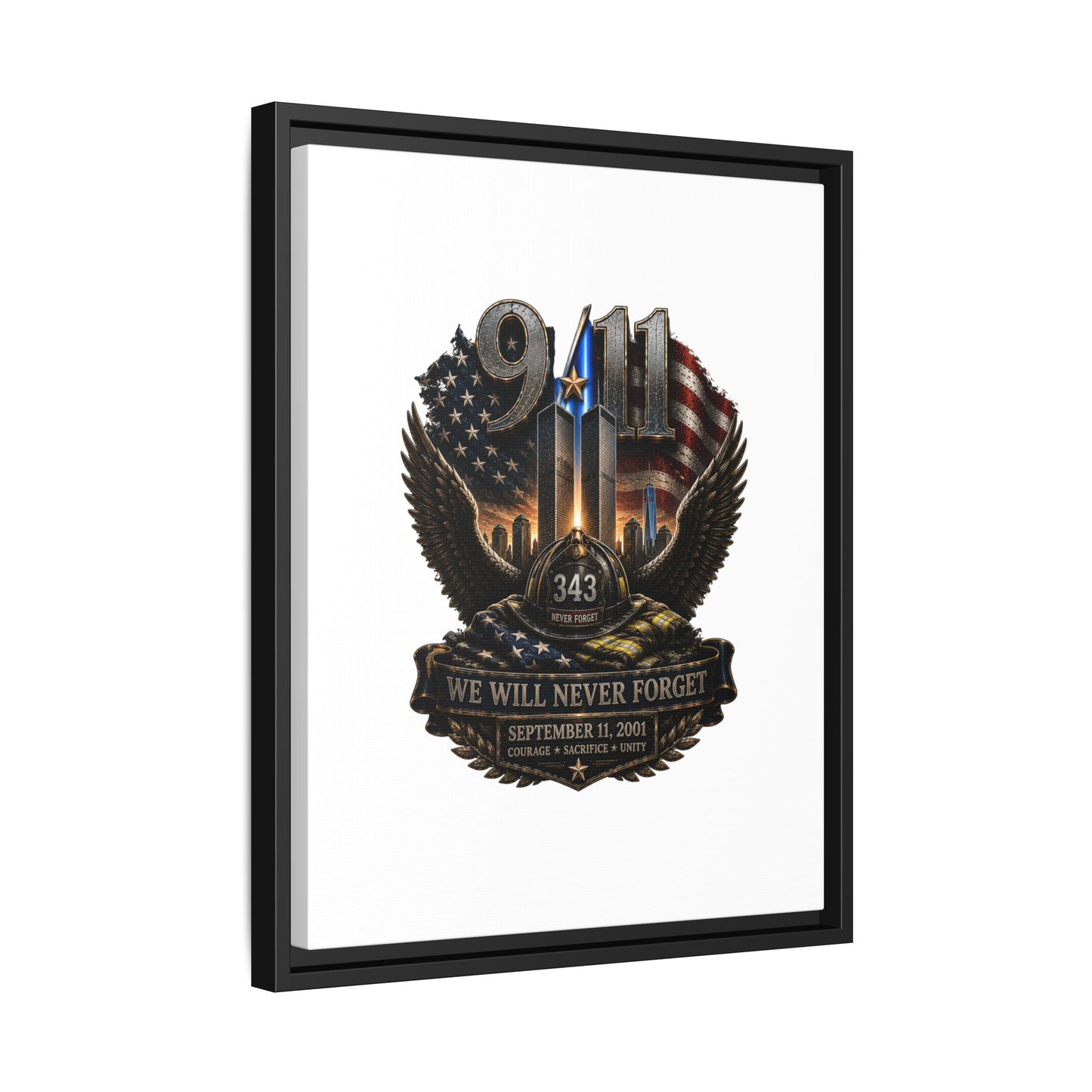 9/11 Memorial Matte Canvas Print — "We Will Never Forget" Framed Tribute