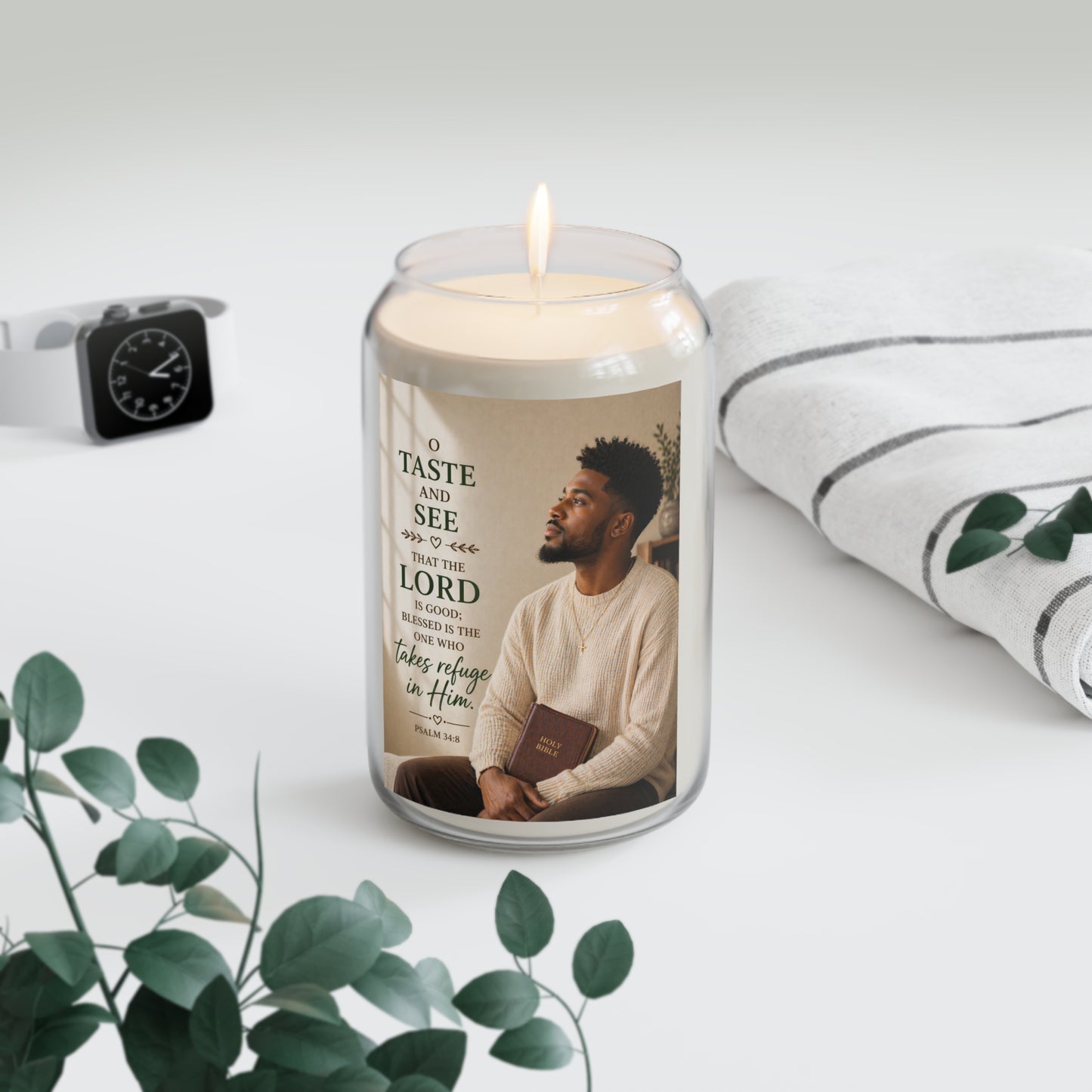Inspirational Scented Soy Candle — “Taste and See the Lord” Psalm Design (13.75 oz)