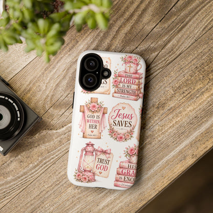 Christian Phone Case — Jesus Saves Floral Tough Case with 'God Is Within Her' & 'Trust God' Design