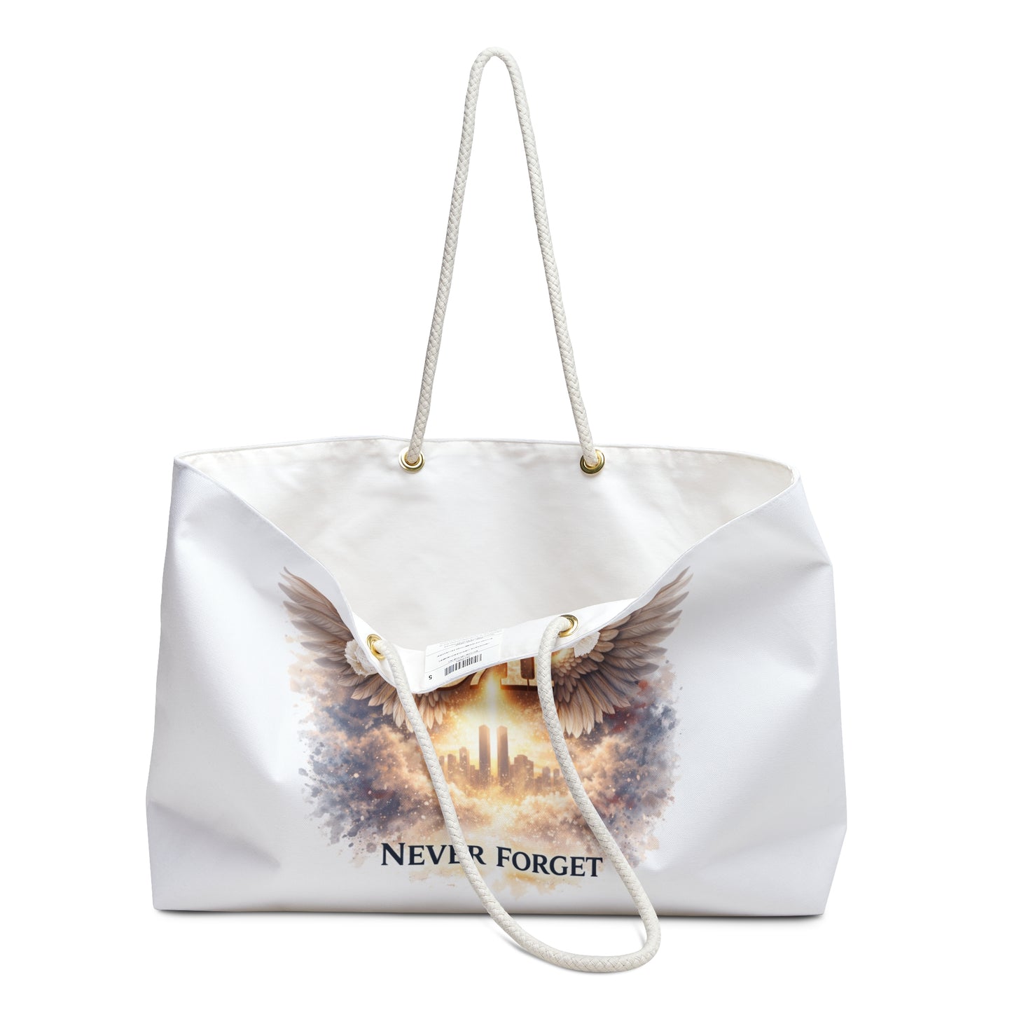 9/11 Never Forget Weekender Bag — Memorial Travel Tote with Angel Wings Skyline Design