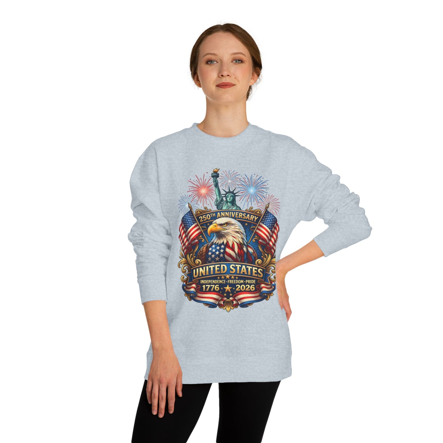 250th Anniversary United States Sweatshirt — Patriotic Eagle, Flags & Fireworks (1776–2026)