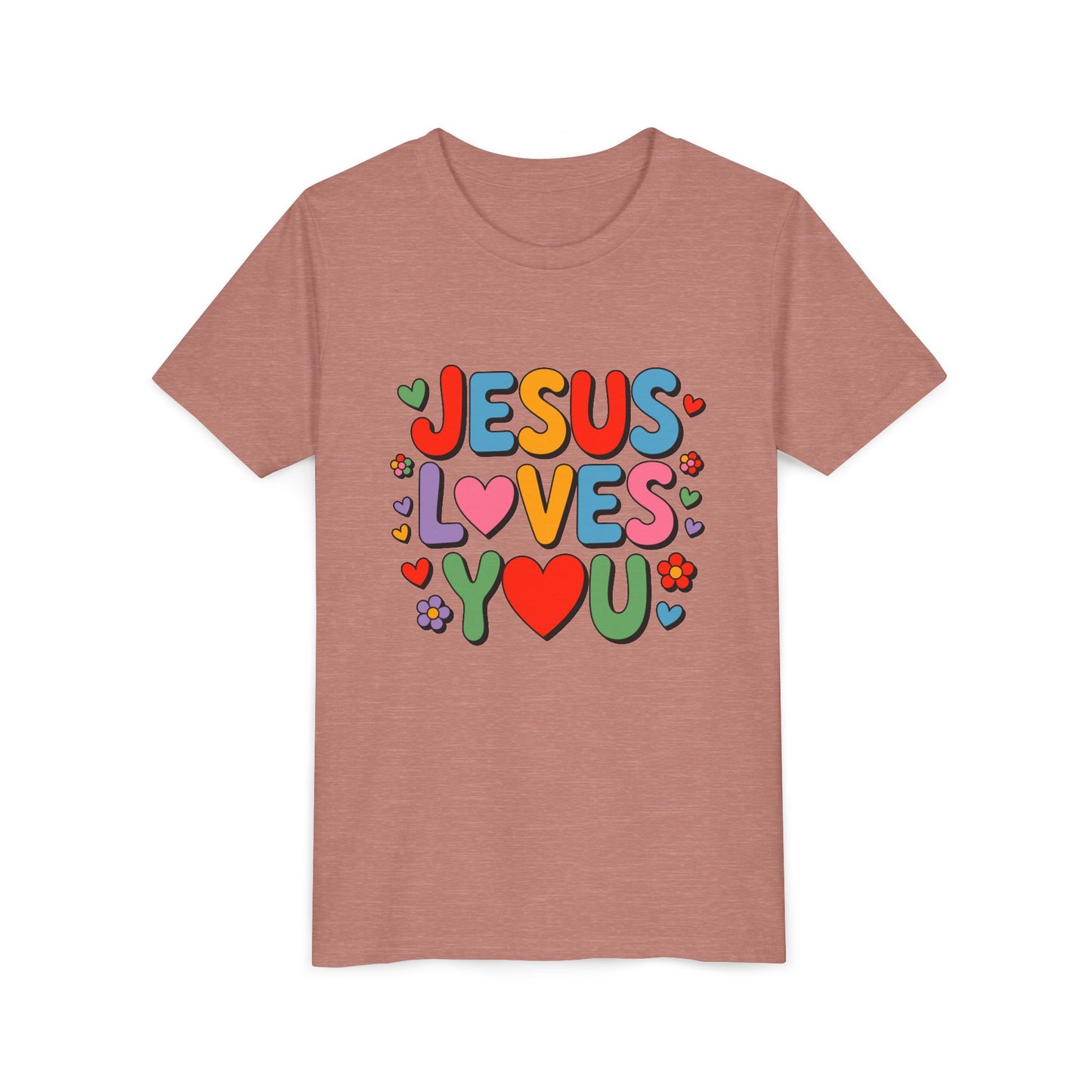 Youth Tee - "Jesus Loves You" Colorful Heart & Flower Christian Shirt