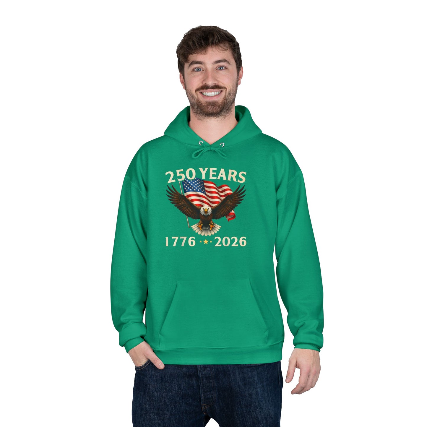 250 Years 1776–2026 Eagle Hoodie — American Flag Bicentennial Celebration Pullover