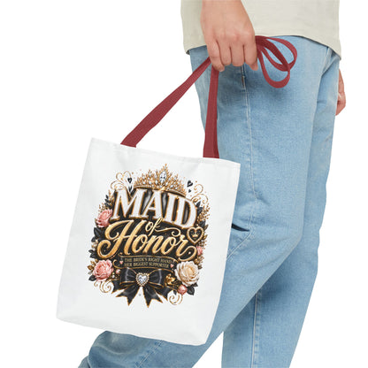 Maid of Honor Tote Bag — Elegant Bridal Party Gift with Gold Crown Floral Design