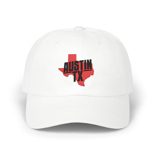 Austin TX Dad Cap — Red Texas Outline Embroidered Hat