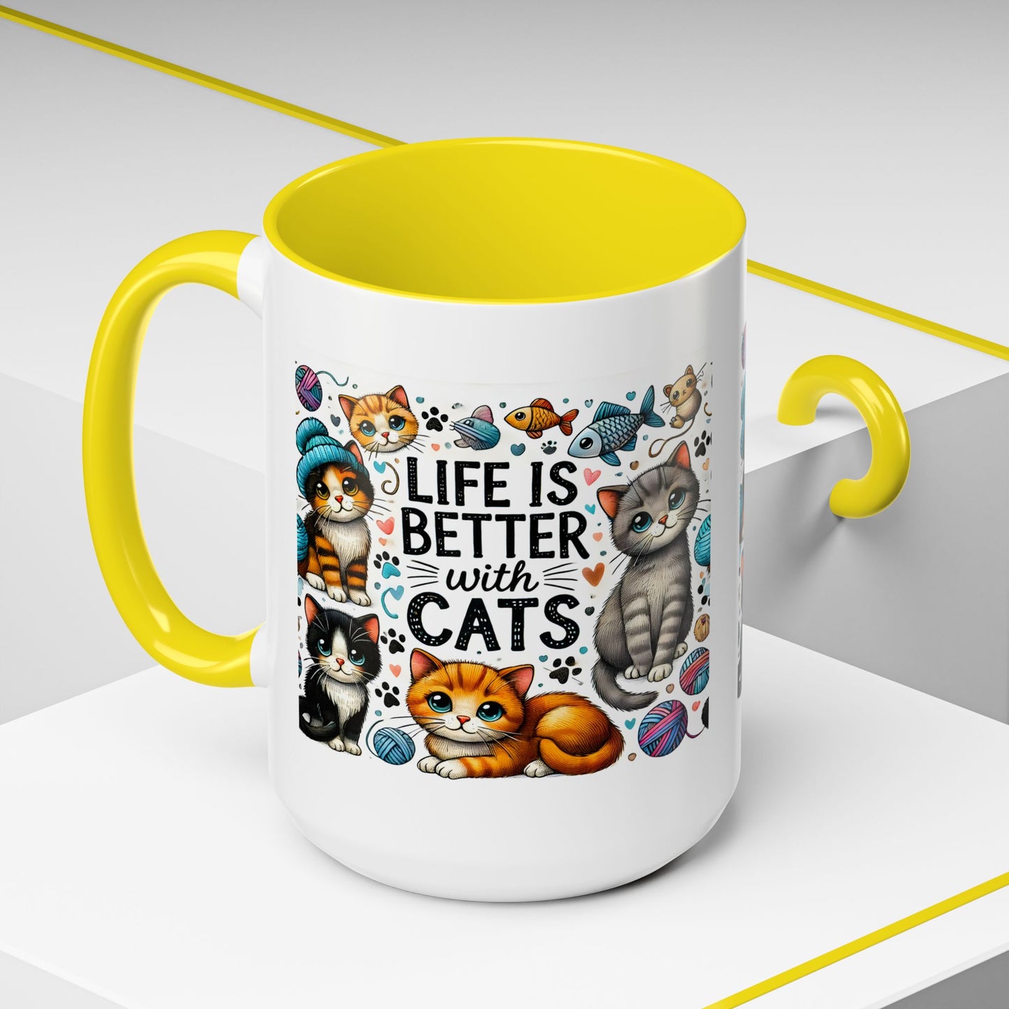 Life Is Better With Cats Accent Coffee Mug – Cute Kitten Ceramic Tea Cup (11/15oz)