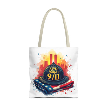 Never Forget 9/11 Memorial Tote Bag — Firefighter Helmet & Flag Tribute