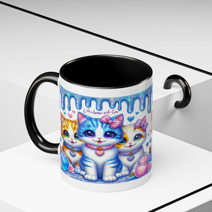 Cute Kawaii Cats Coffee Mug - "Life is Better with Cats" Accent Mug