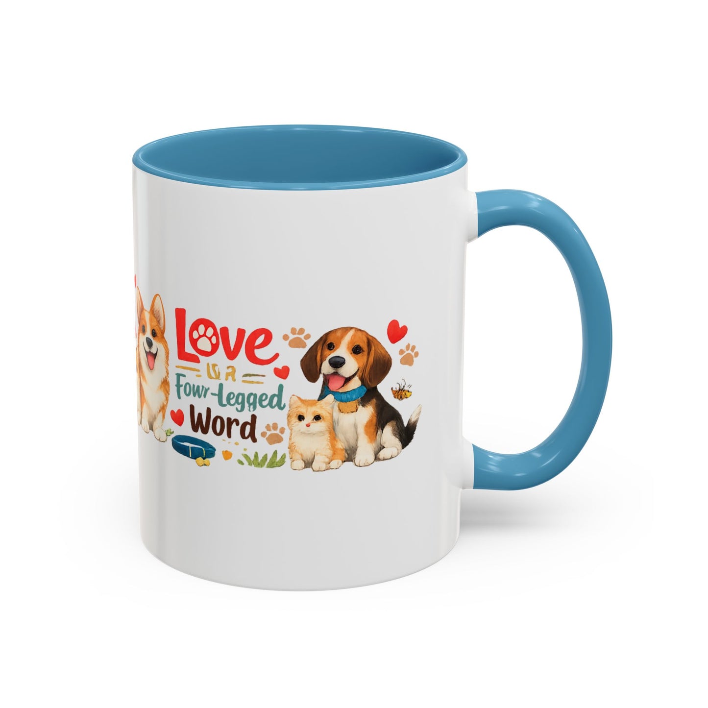 Dog Lover Accent Coffee Mug — “Love is a Four-Legged Word” Ceramic Gift