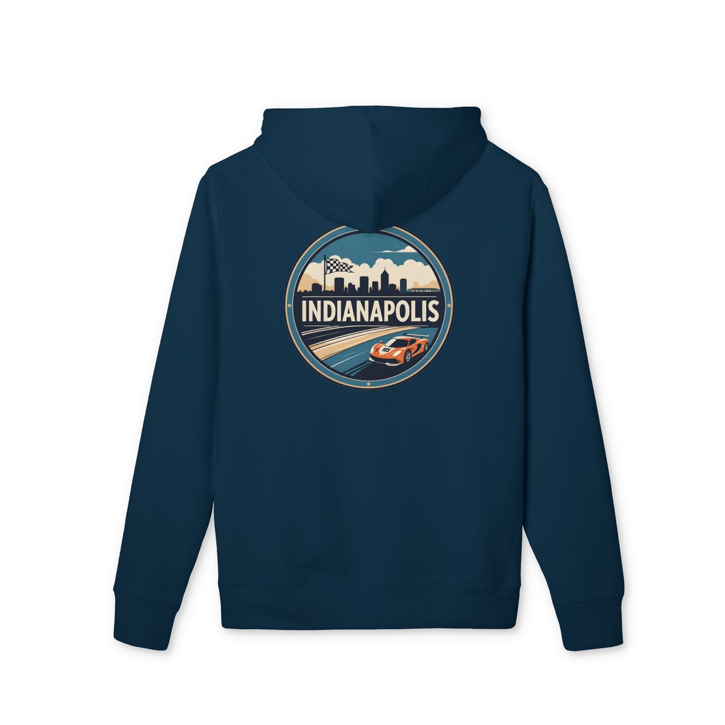 Indianapolis Racing Hoodie — Retro City Skyline & Racecar Design