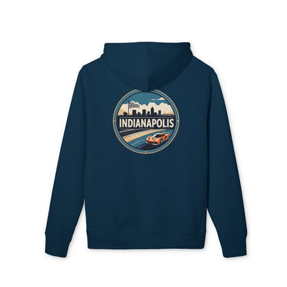 Indianapolis Racing Hoodie — Retro City Skyline & Racecar Design