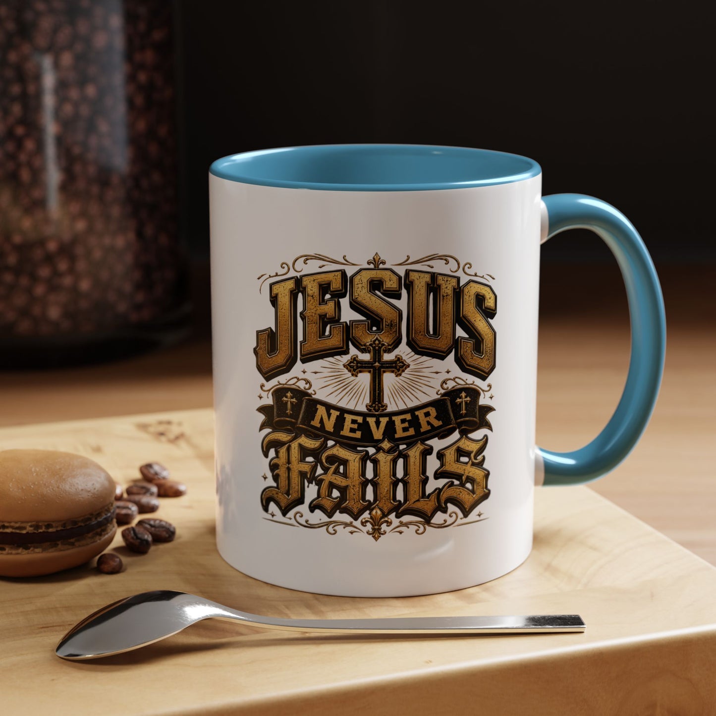 Jesus Never Fails Accent Coffee Mug — Inspirational Christian Faith 11/15oz