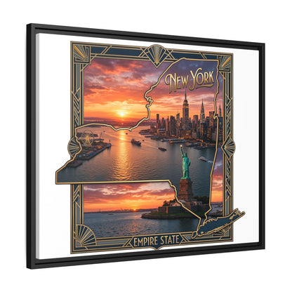 Framed Matte Canvas Wall Art — New York City Sunset Skyline with Statue of Liberty