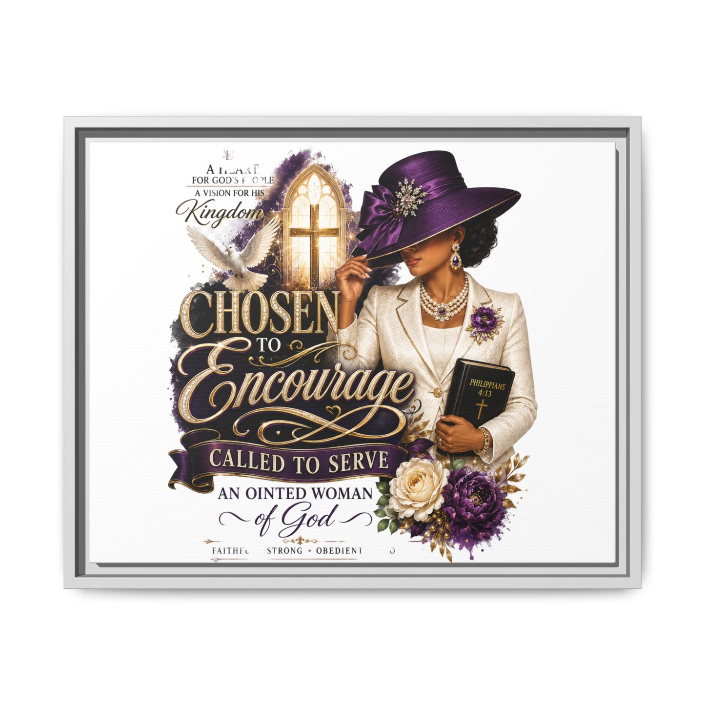 Chosen to Encourage — Framed Faith Canvas Wall Art (Called to Serve, Anointed Woman of God)