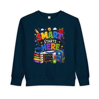 Toddler Sweatshirt — "Smart Starts Here" Back-to-School Kids Crewneck