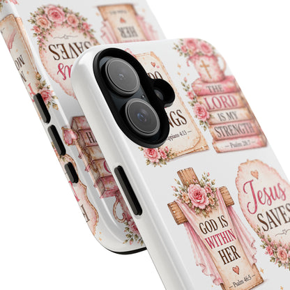 Christian Phone Case — Jesus Saves Floral Tough Case with 'God Is Within Her' & 'Trust God' Design