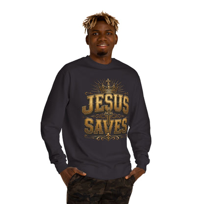 Jesus Saves Sweatshirt — Christian Faith Crewneck with Crown & Cross Design