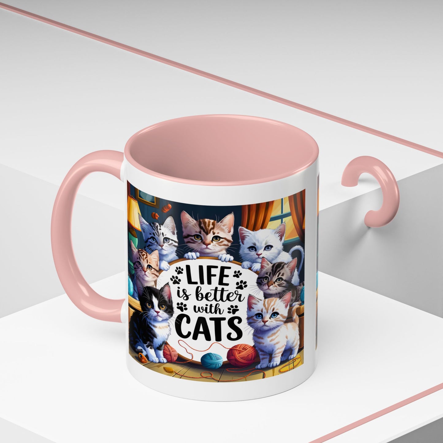 Life Is Better With Cats Accent Coffee Mug – Cute Kitten Cat Lover Gift (11/15oz)