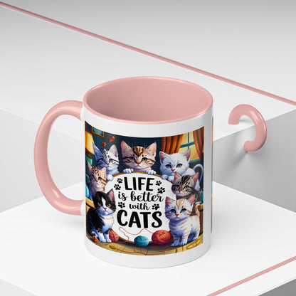 Life Is Better With Cats Accent Coffee Mug – Cute Kitten Cat Lover Gift (11/15oz)