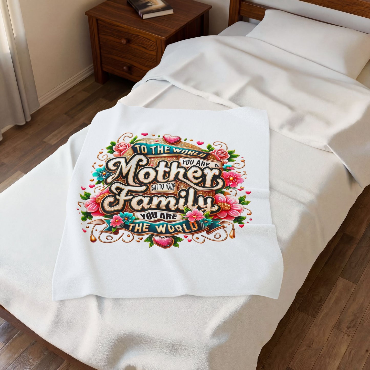 Mother & Family Velveteen Plush Blanket – "To the World You Are a Mother" Floral Throw (Mother's Day Gift)