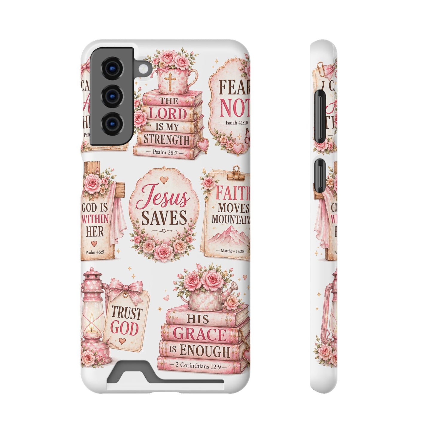 Christian Phone Case with Card Holder — 'Jesus Saves' Floral Scripture Design