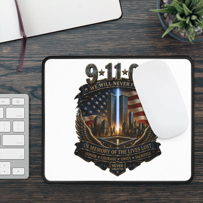 9/11 Memorial Gaming Mouse Pad — "We Will Never Forget" Tribute with Twin Towers & American Flag