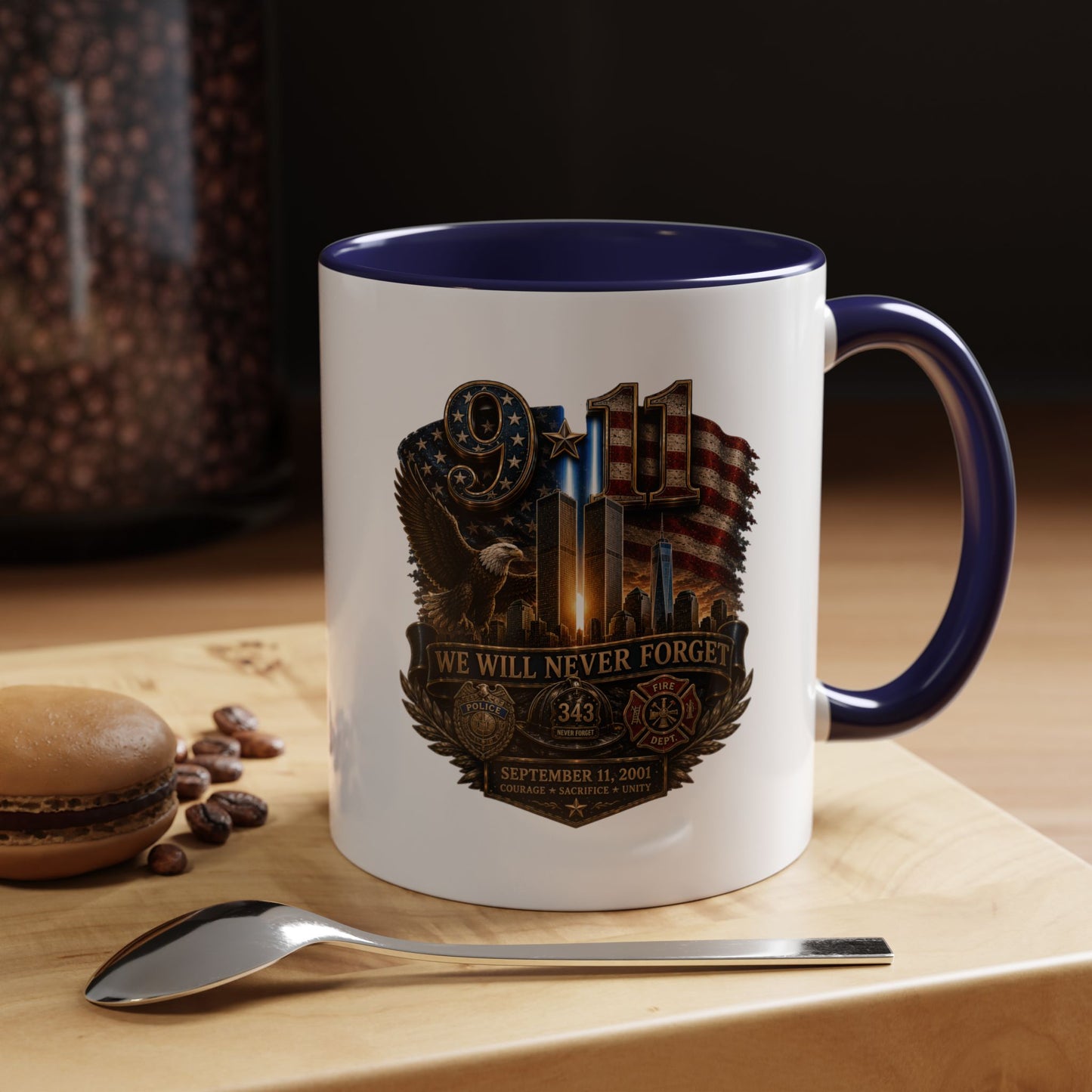 We Will Never Forget 9/11 Memorial Coffee Mug — Patriotic Tribute Accent Mug