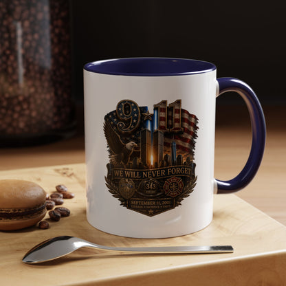 We Will Never Forget 9/11 Memorial Coffee Mug — Patriotic Tribute Accent Mug