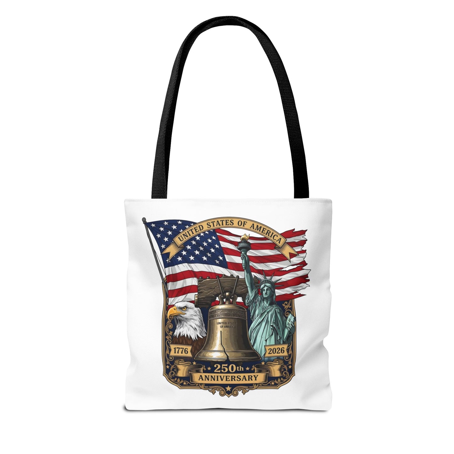 Patriotic 250th Anniversary Tote Bag — USA Flag, Liberty Bell & Eagle Design