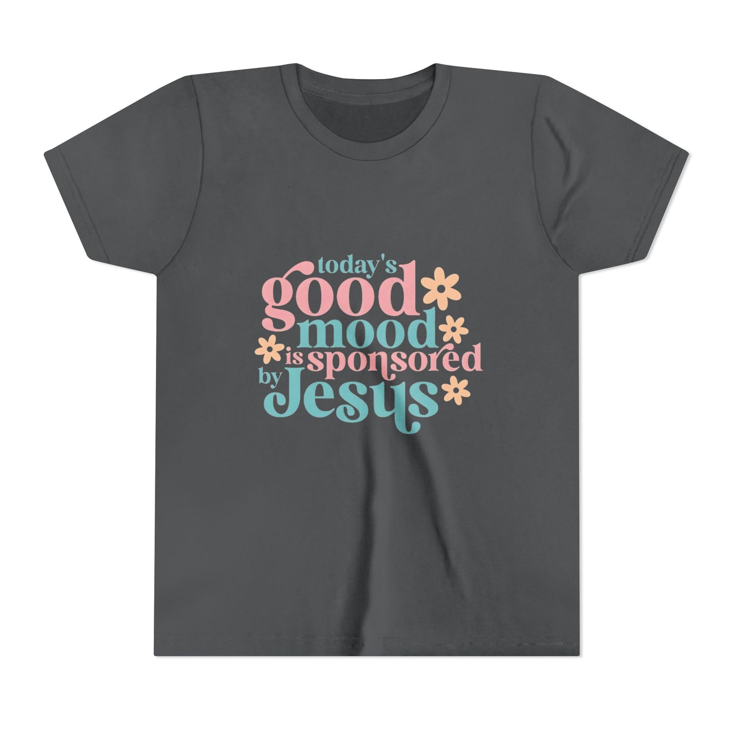 Youth Tee – "Today's Good Mood is Sponsored by Jesus" Retro Floral Christian Shirt