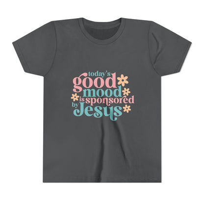 Youth Tee – "Today's Good Mood is Sponsored by Jesus" Retro Floral Christian Shirt