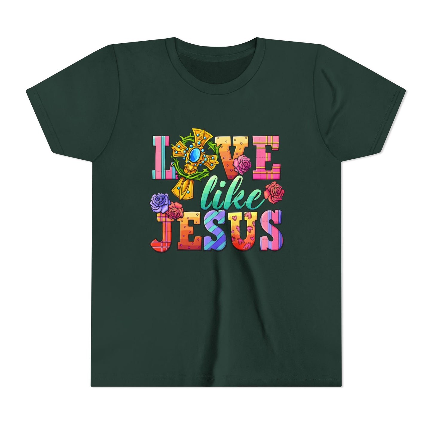 Youth Tee — "Love Like Jesus" Colorful Faith Graphic