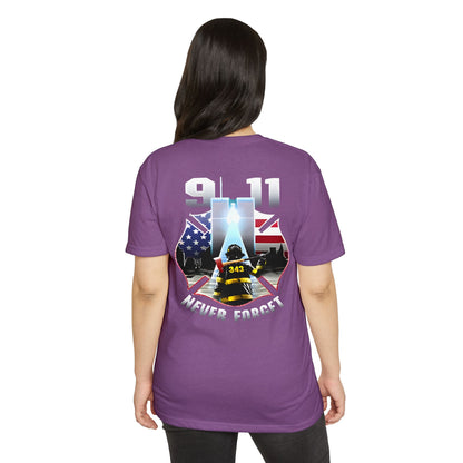 9/11 Never Forget T-Shirt — Firefighter Tribute Tee with Twin Towers & American Flag
