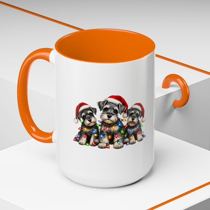 Christmas Puppy Coffee Mug — Cute Schnauzer Trio with Santa Hats & Holiday Lights (11/15oz)