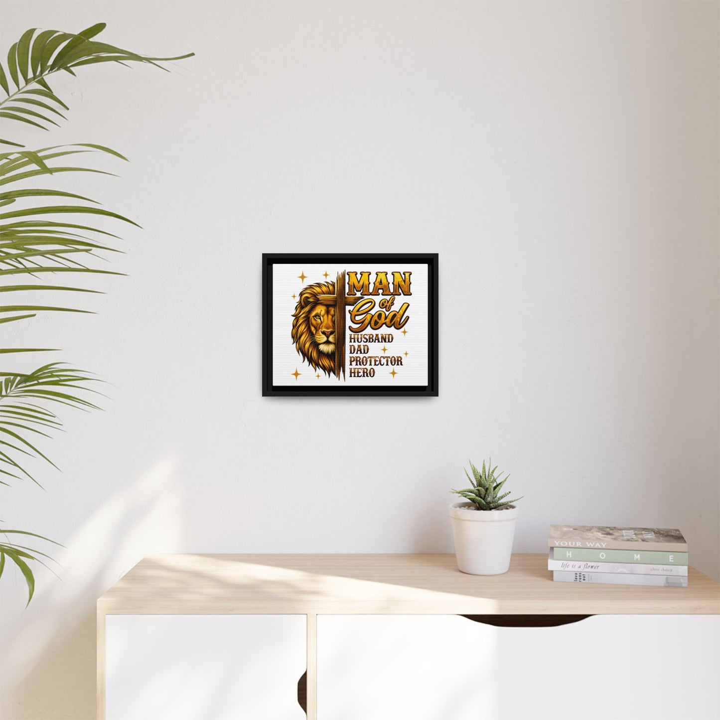 Man of God Framed Canvas Art — 'Man of God: Husband, Dad, Protector, Hero' Religious Wall Decor