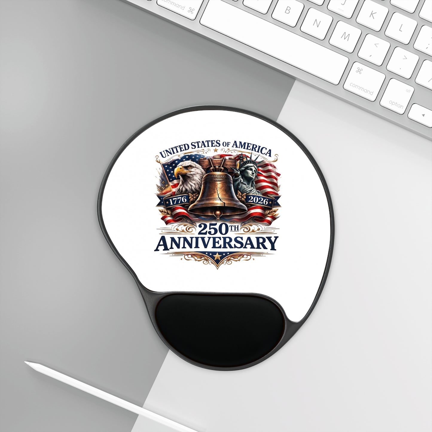 250th Anniversary USA Mouse Pad with Wrist Rest – Patriotic Liberty Bell & Eagle Desk Mat